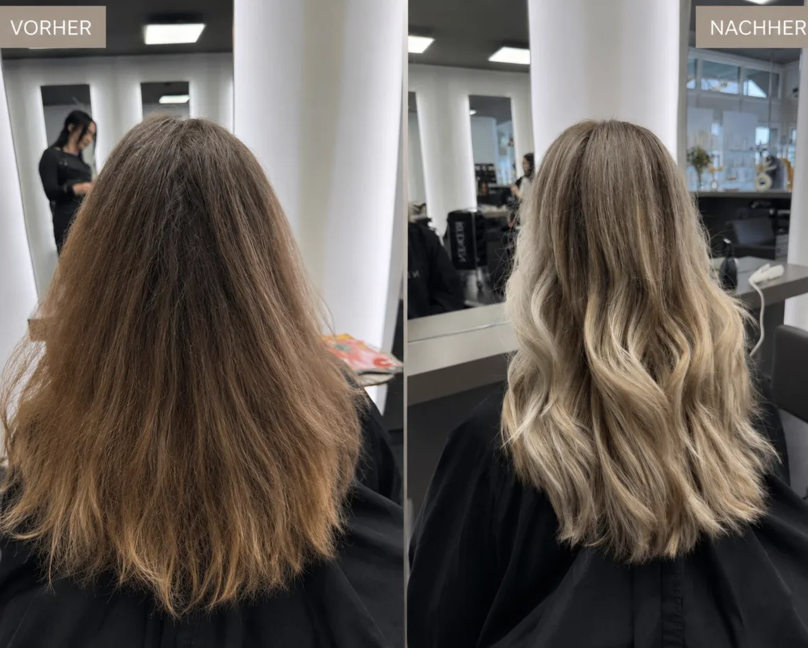 Vorher Nachher Balayage helles Blond – Friseur München Pasing