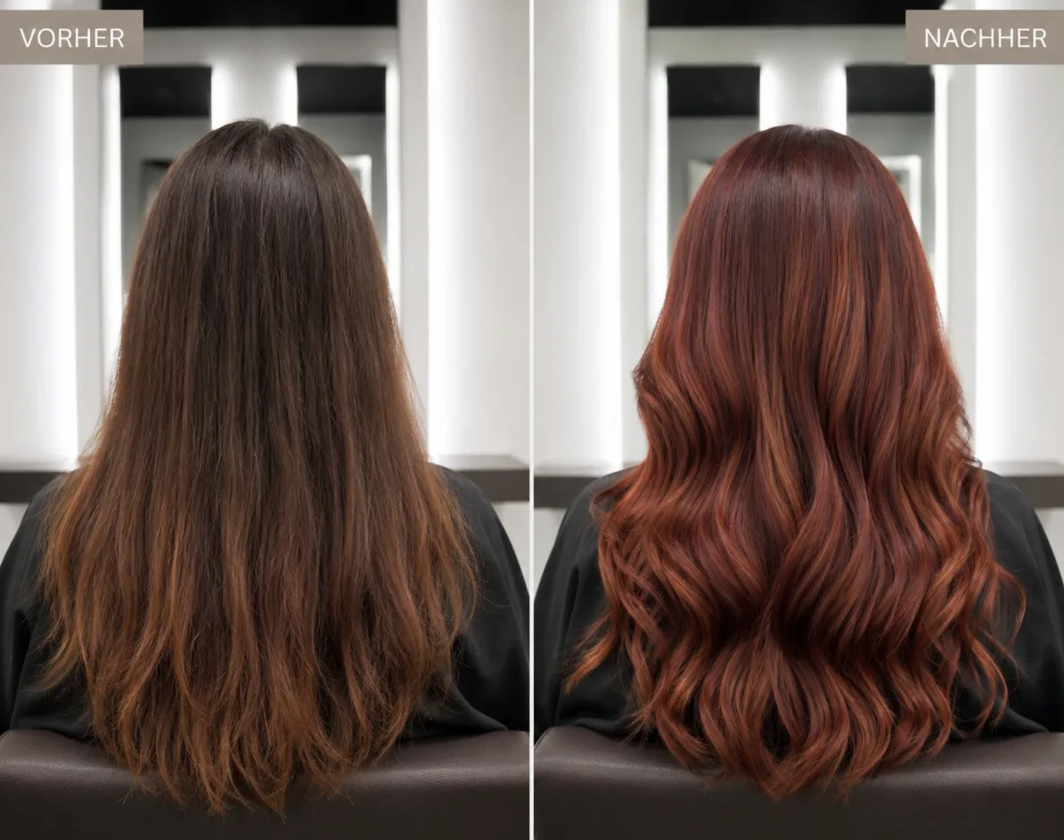 Vorher Nachher rote Coloration mit Locken – Friseur München Pasing
