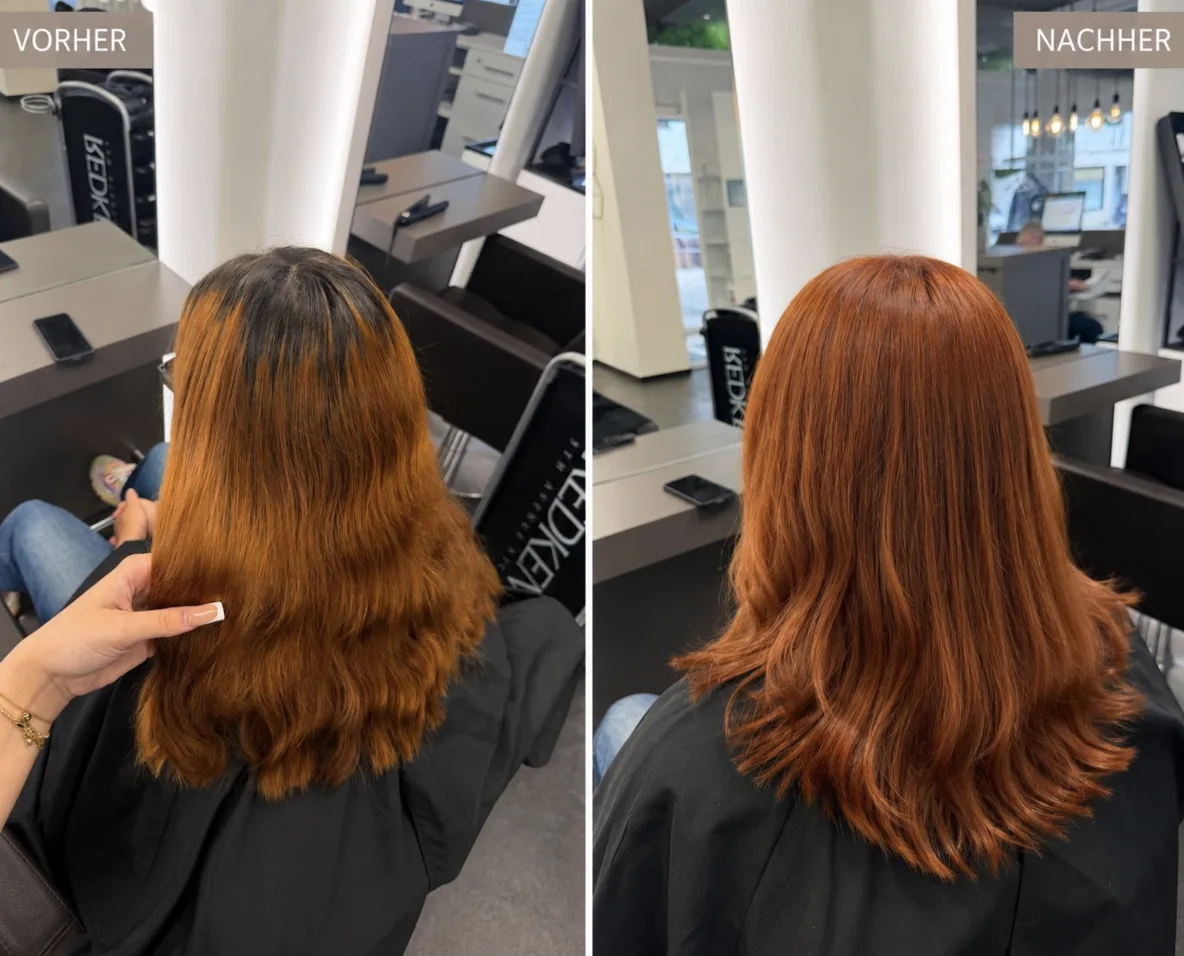 Vorher Nachher Kupferrot Coloration – Friseur München Pasing