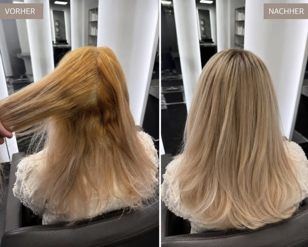 Vorher Nachher Coloration Korrektur Blond – Friseur München Pasing